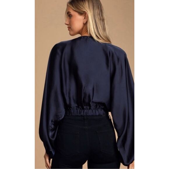 NWT Free People Womens Midnight Vibes Blouse XS Satiny Cropped‎ Boho Indigo Blue - Picture 2 of 16